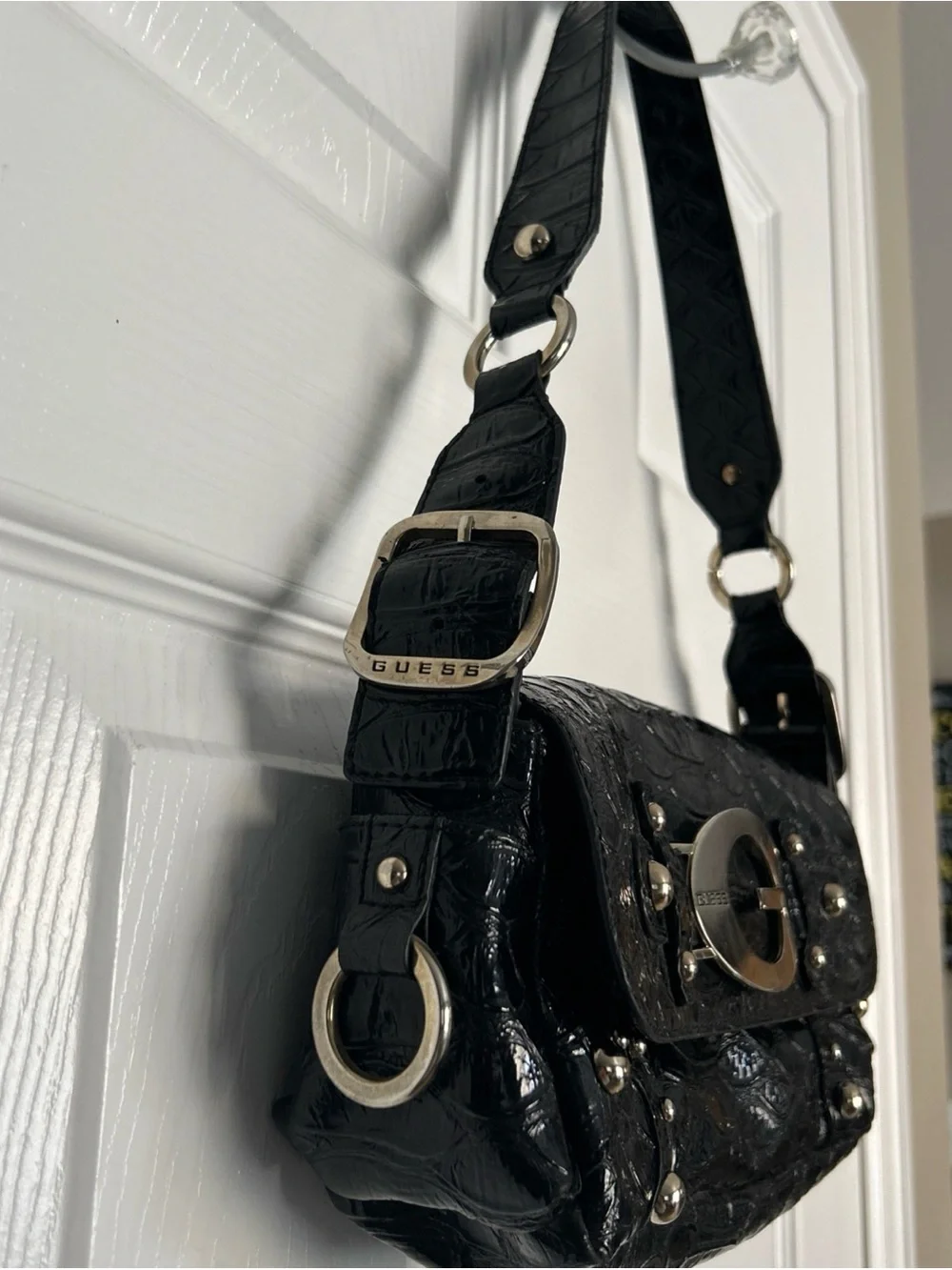 Guess Black Purse Croc-Embossed faux leather with large Silver Logo studded Y2K